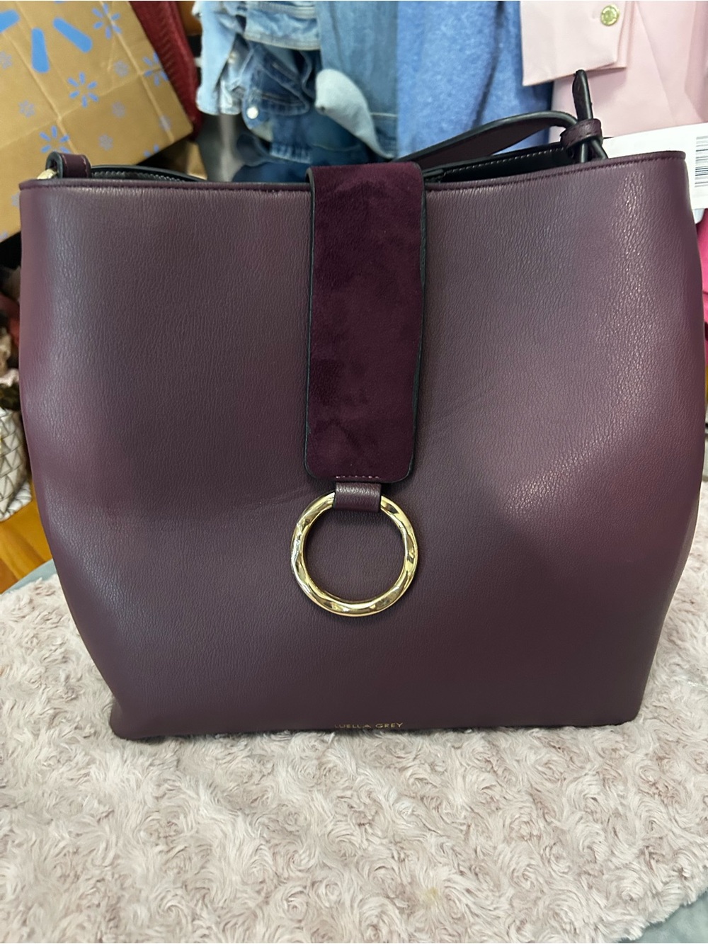 Women's Burgundy Bucket Shoulder Bag with Gold Ring Accent